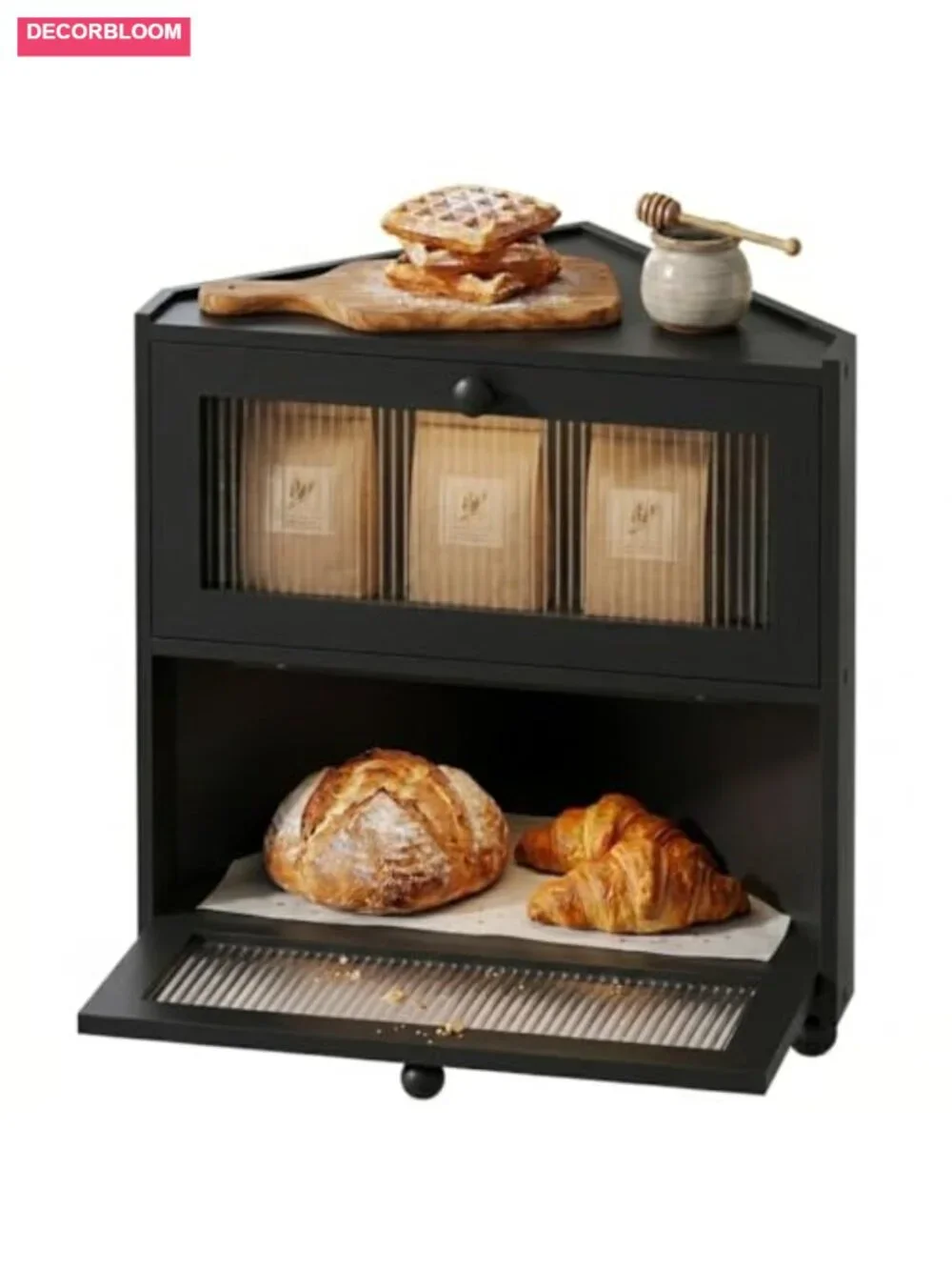 2 Tier Bamboo Corner Bread Box for Kitchen Countertop